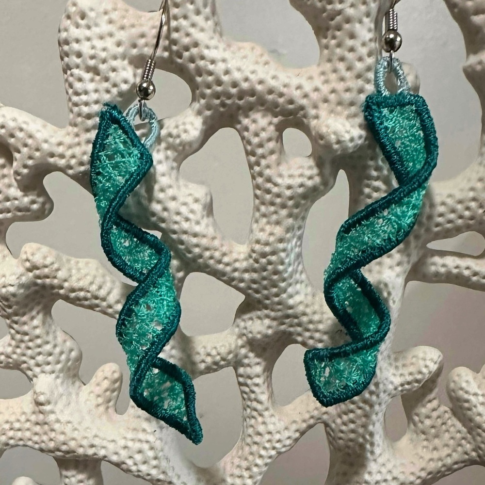 Elegant Embroidered Freestanding Lace Teal Spiral Earrings